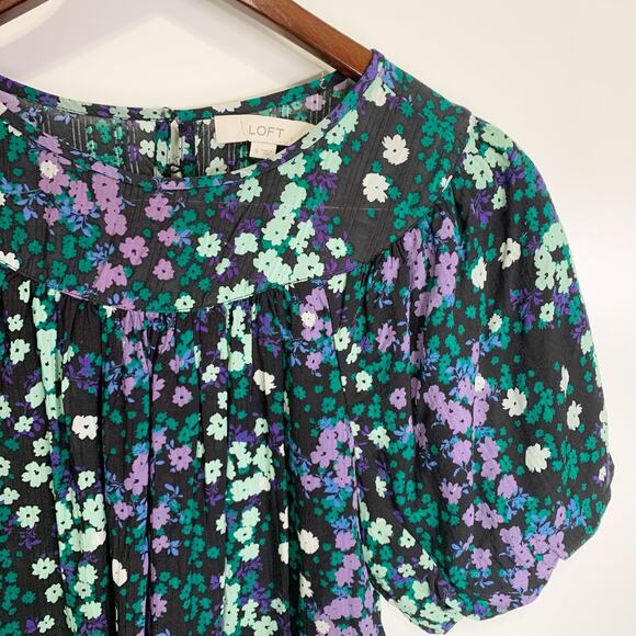 Loft Ann Taylor Floral Shirred Yoke Top Black Green size Small office work - Picture 11 of 16
